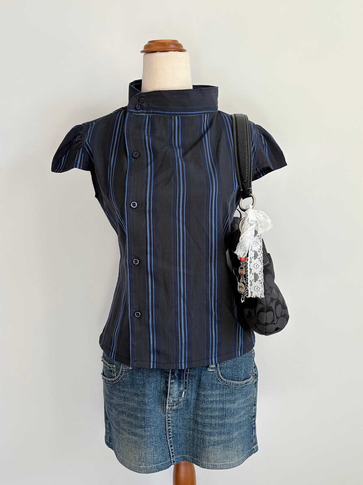 00’s Blue striped cap sleeve reworked shirt | Size 10