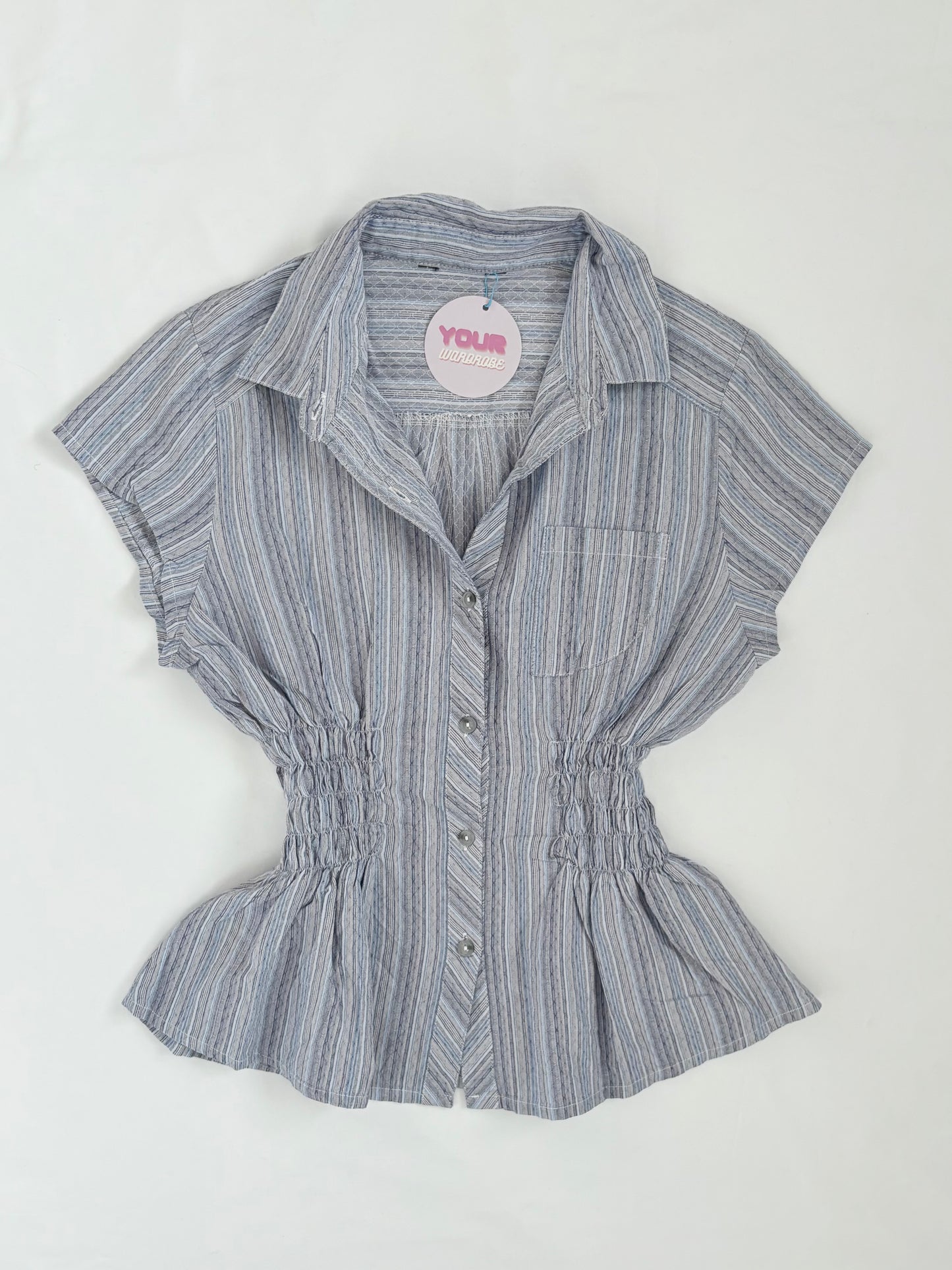 00’s Blue striped cinched shirt | Size 10-12