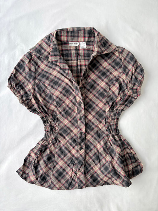 00’s Tan plaid cinched shirt | Size 12