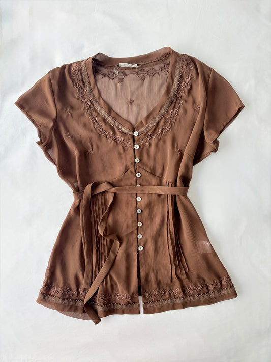 00’s Embroidered brown tie top | Size 10