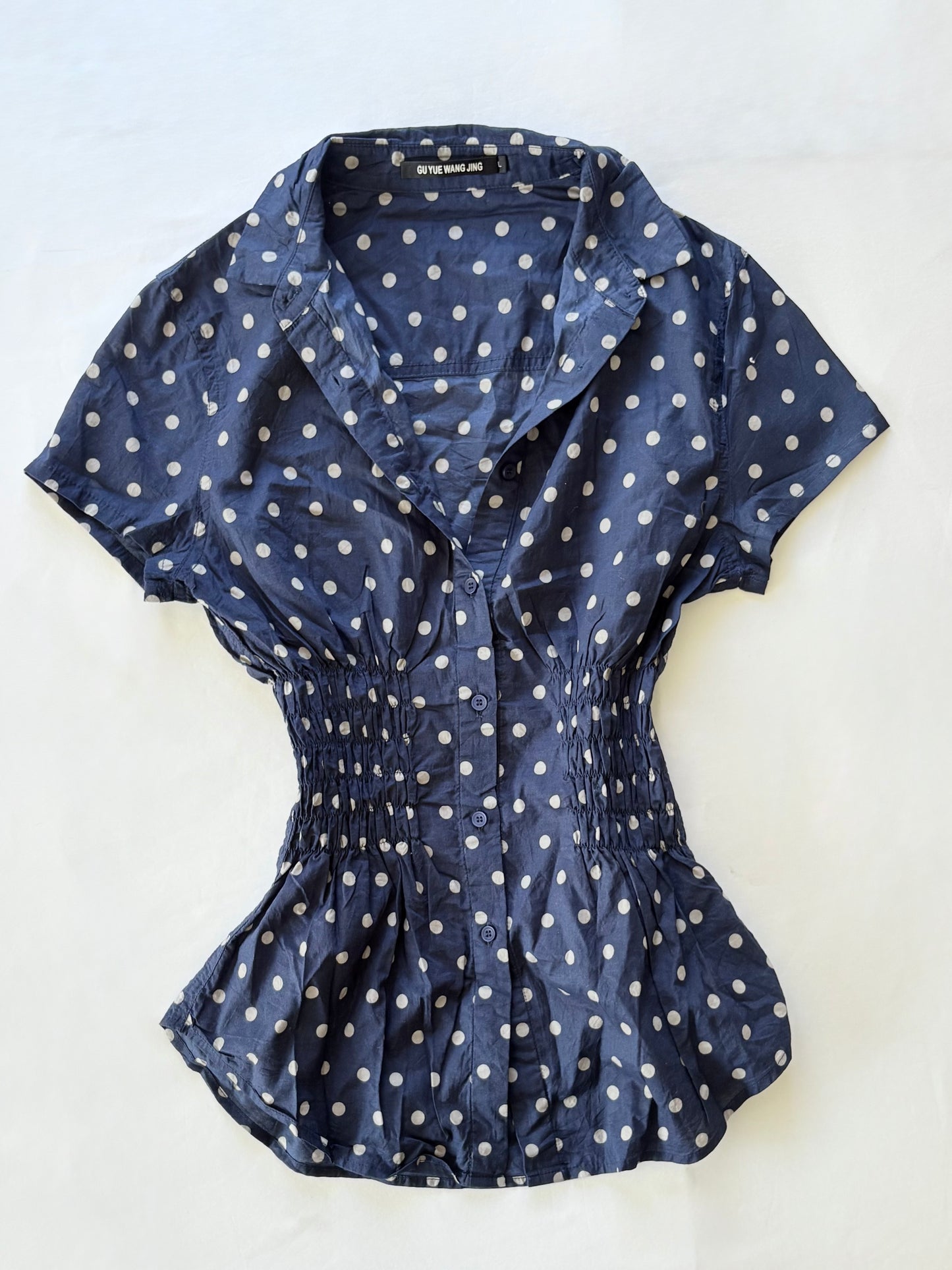 00’s Navy polka dot cinched shirt | Size 8