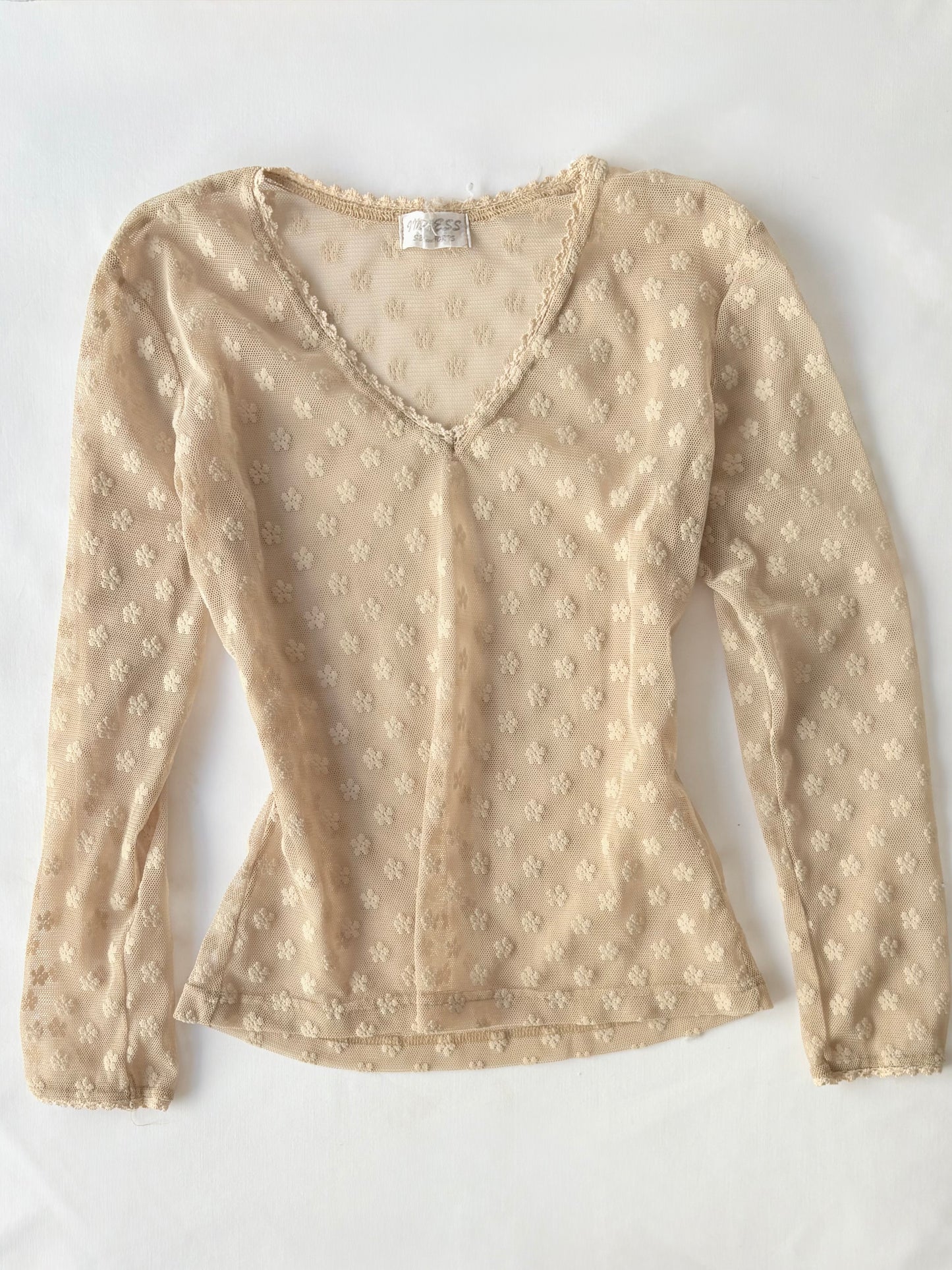 00’s Cream floral micromesh top | Size 8-10