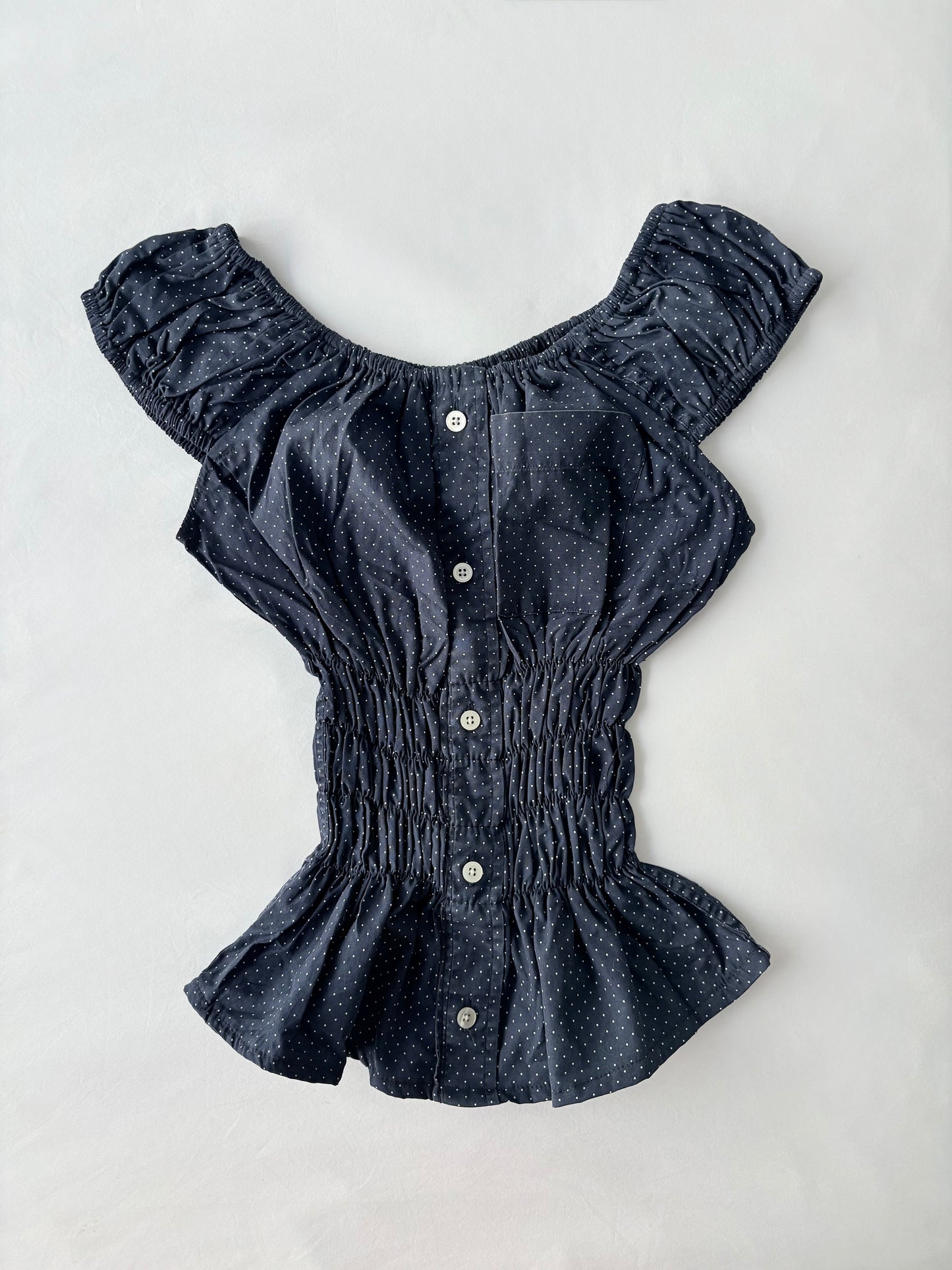 00’s Milkmaid navy polka dot top | Size 6-8