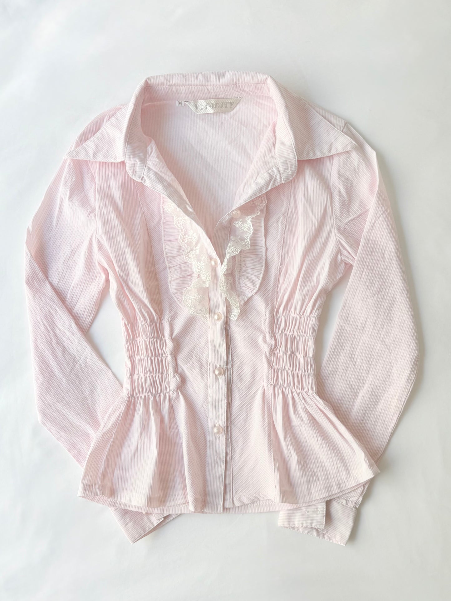00’s Baby pink ruffle cinched shirt | Size 8-10