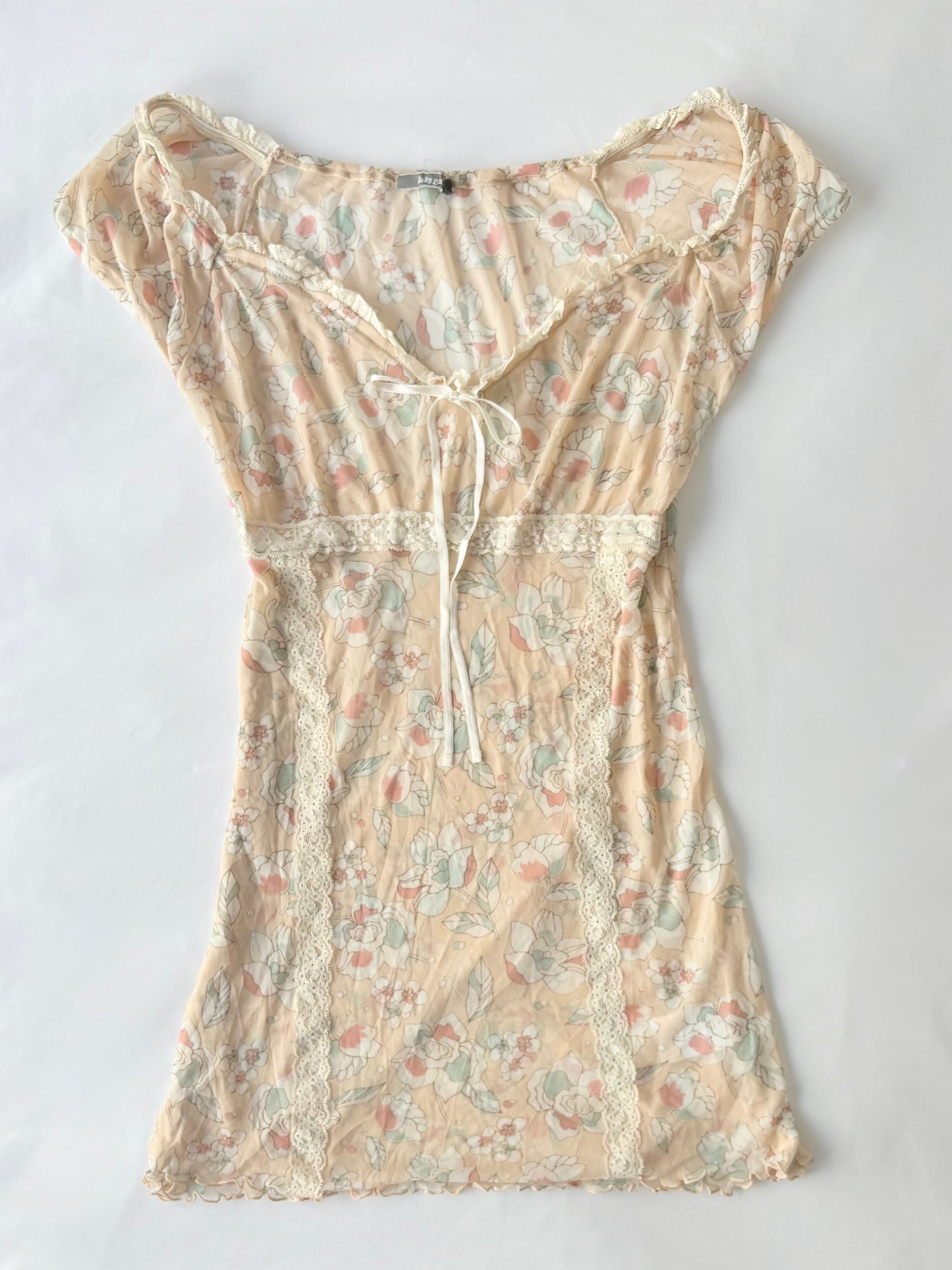 00’s Cream floral sheer mini dress | Size 8-10