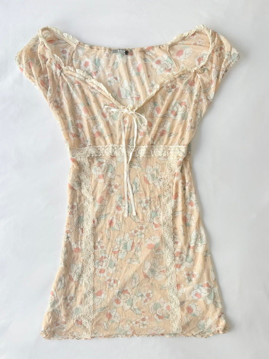 00’s Cream floral sheer mini dress | Size 8-10