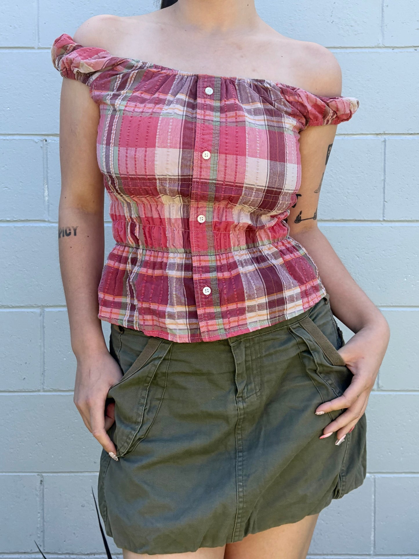 00’s Pink milkmaid plaid top | Size 10-12