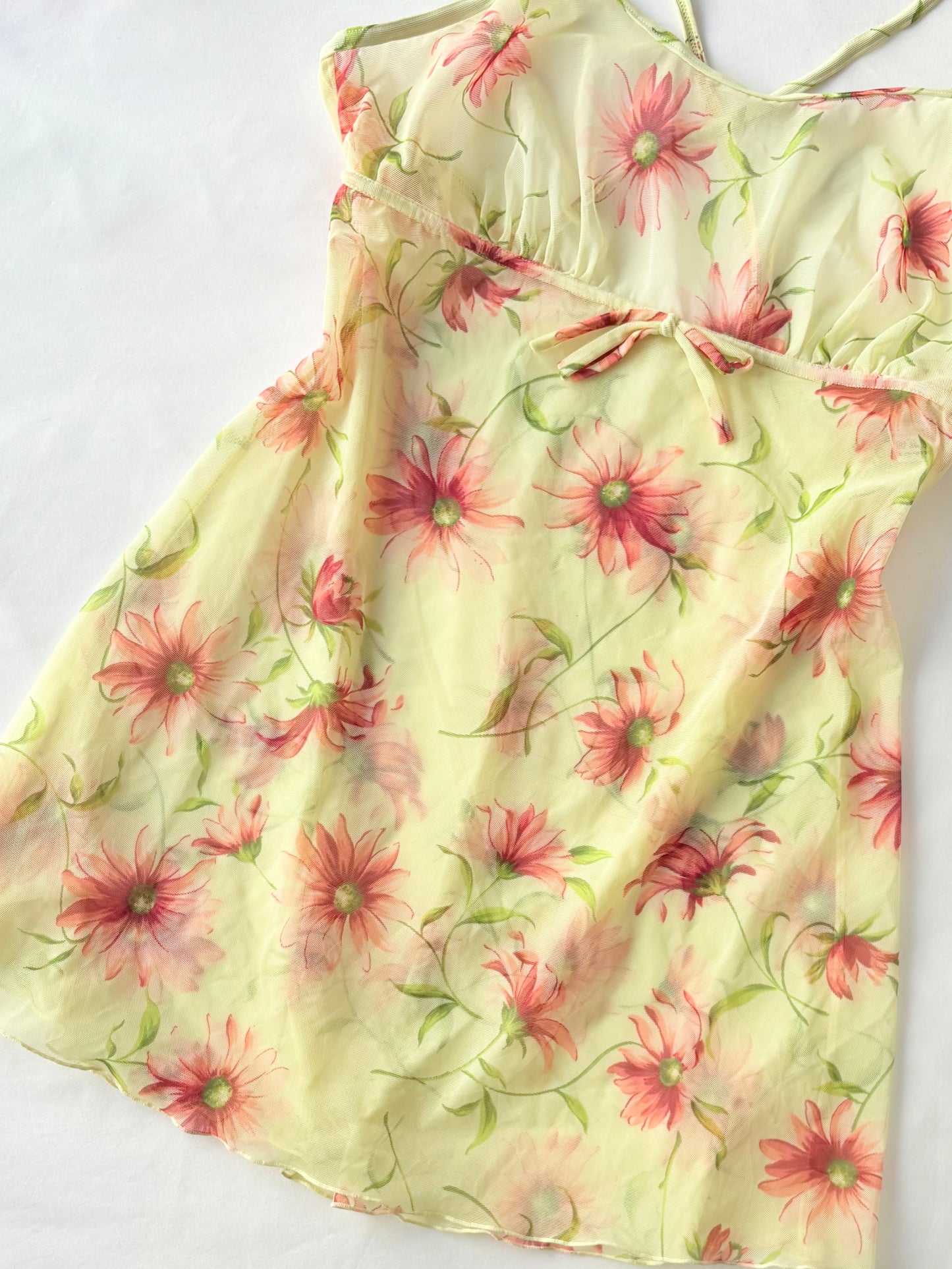 00’s Yellow mesh floral mini dress | Size small