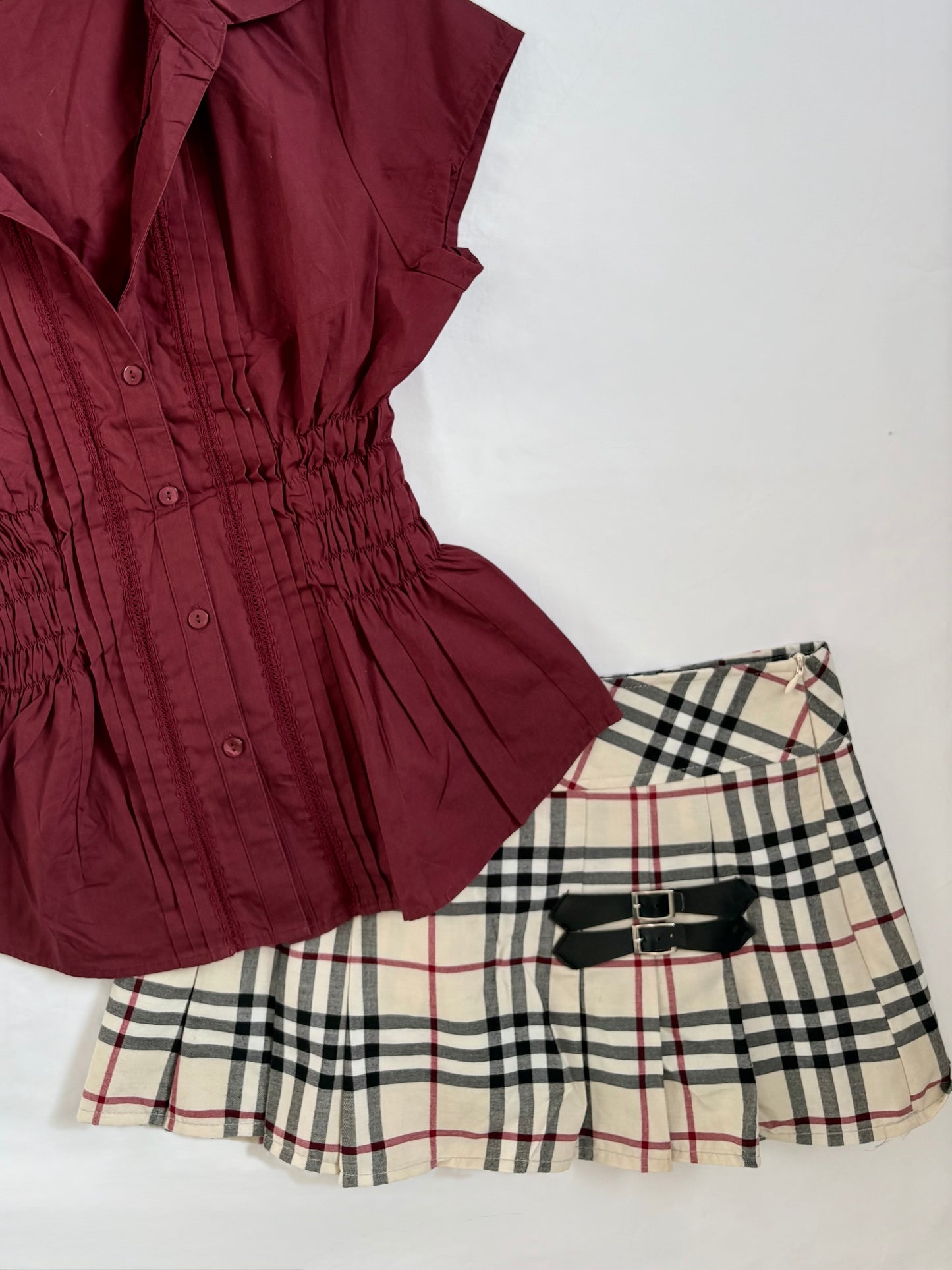 00’s Cream plaid buckle skirt | Size 8
