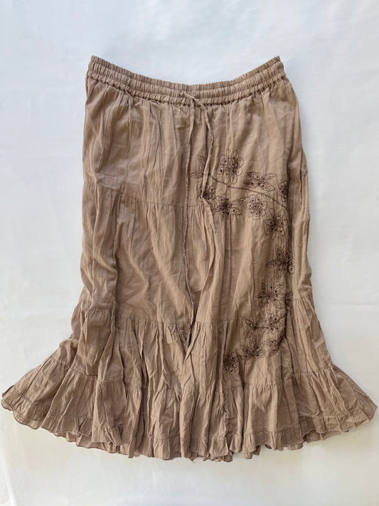 00’s Brown embroidered tiered midi skirt | Size 10-12