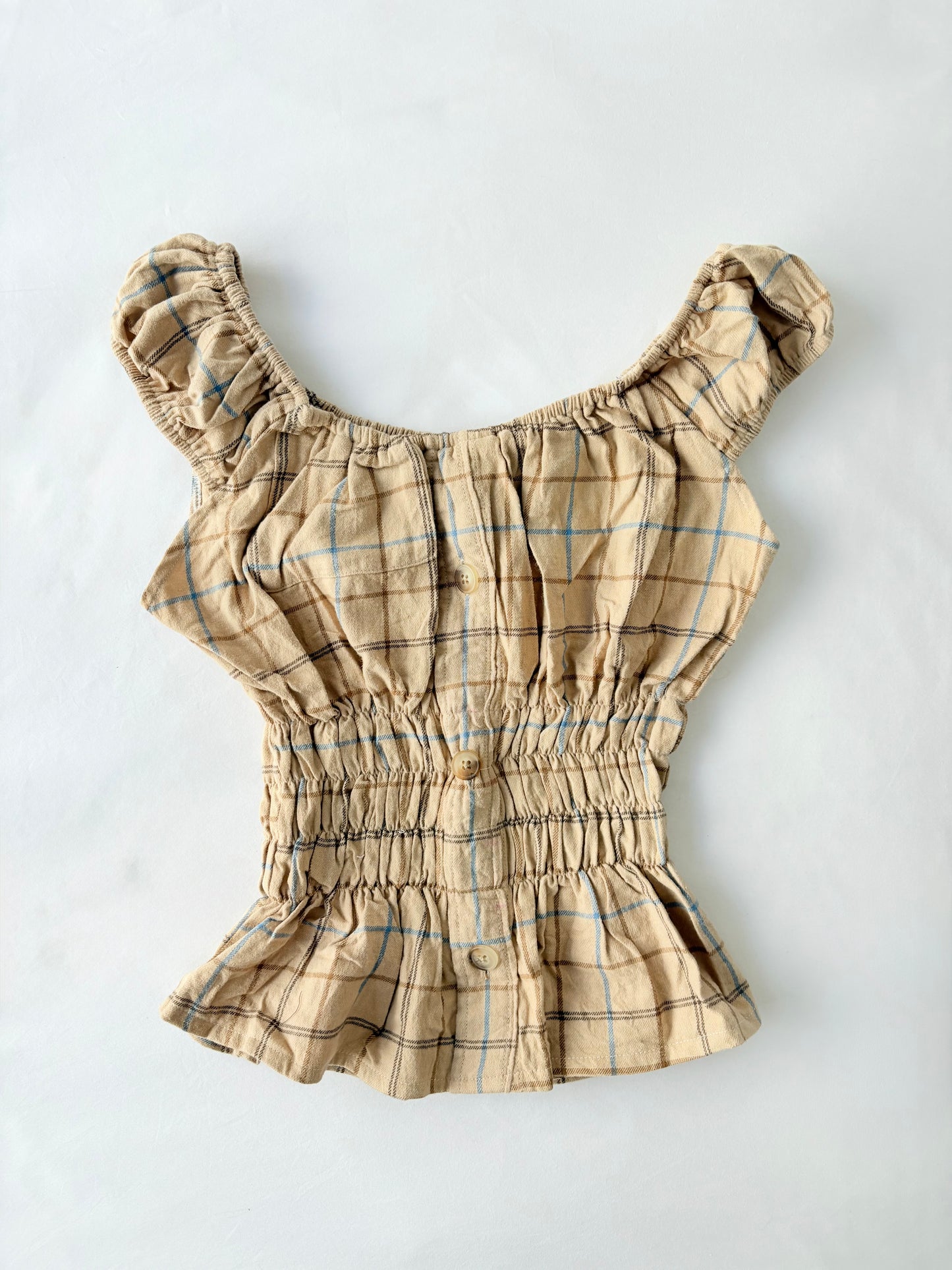 00’s Tan plaid milkmaid top | Size 10-12