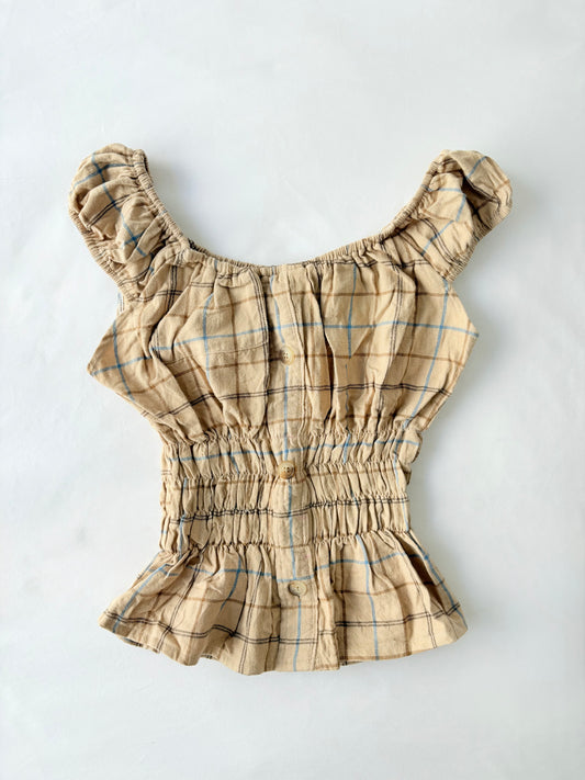 00’s Tan plaid milkmaid top | Size 10-12
