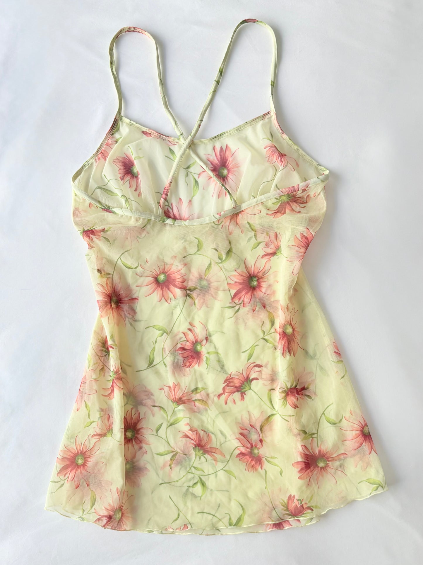 00’s Yellow mesh floral mini dress | Size small