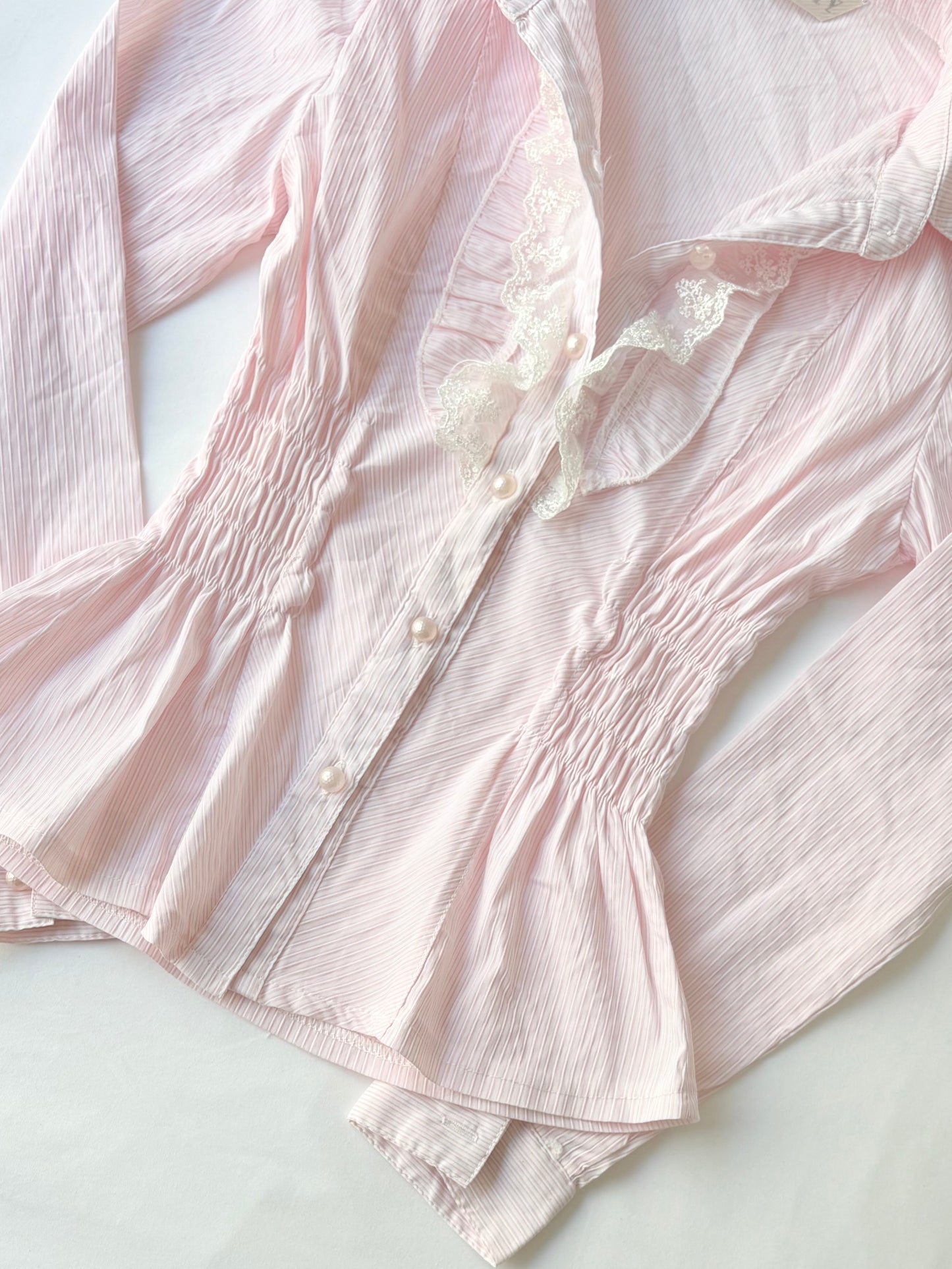 00’s Baby pink ruffle cinched shirt | Size 8-10
