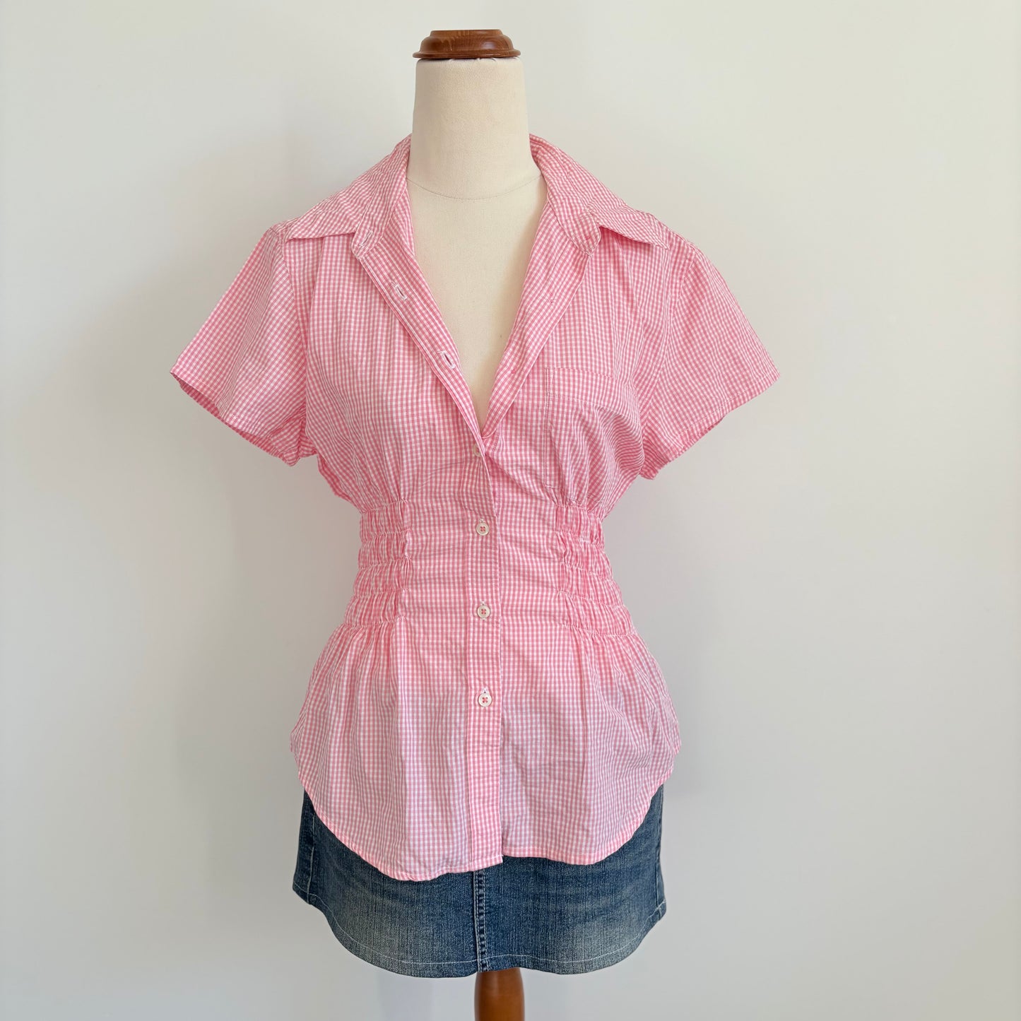 00’s Pink gingham cinched shirt | Size 10-12