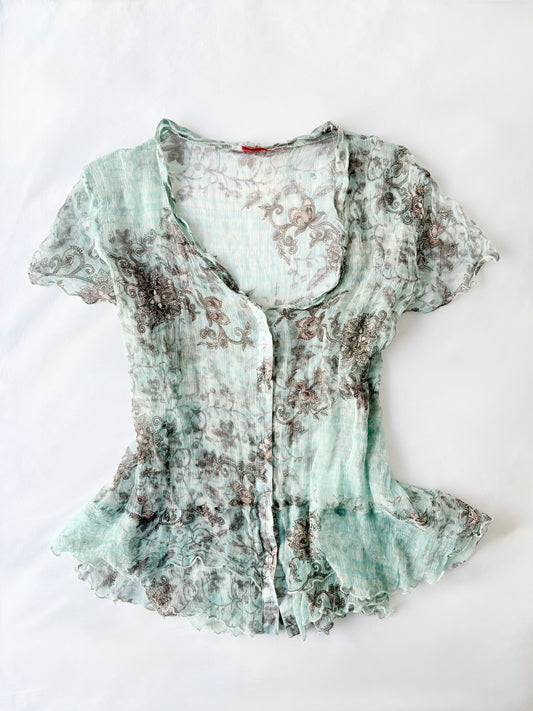 00’s Silk sheer button front top | Size 8-14