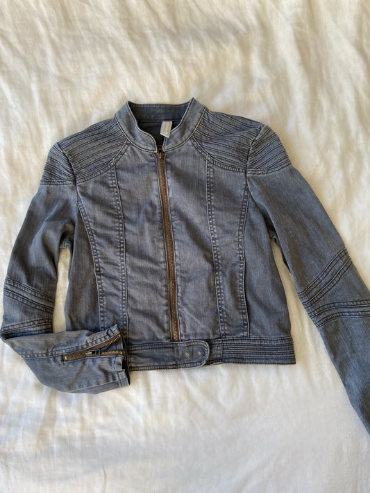 00’s Grey denim moto jacket | Size 6-8