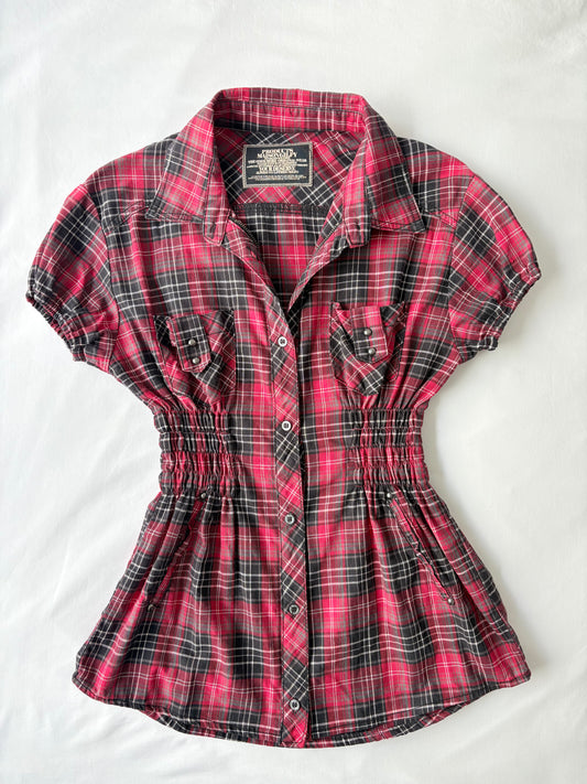 00’s Red plaid cinched shirt | Size 12