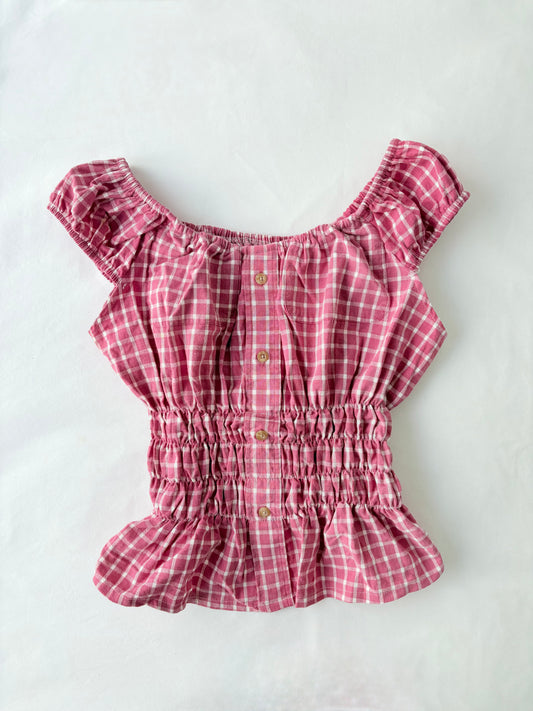 00’s Pink plaid milkmaid top | Size 12-14